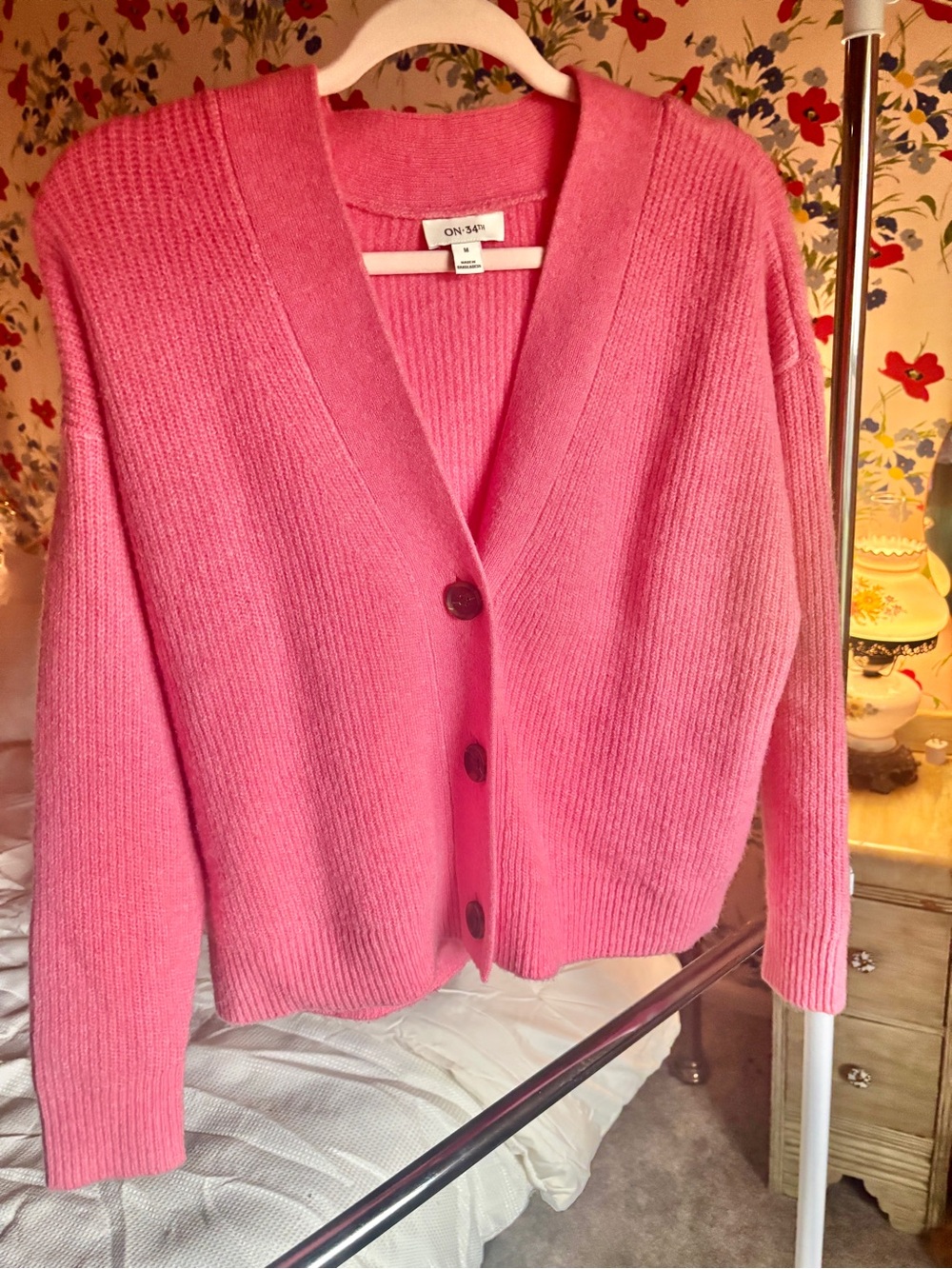 pink oversized cardigan medium chunky knit grandpa sweater preppy teacher